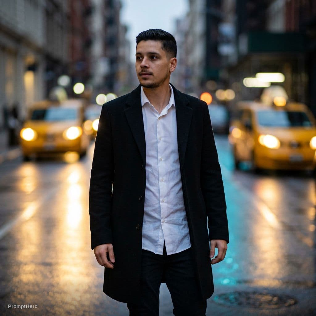 AI generated: A high-fashion Vogue-style photoshoot of a man posing confidently on a New York street at dusk. The ...