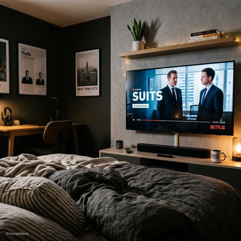 AI generated: faz uma foto que apareça apenas uma parte da cama a ver netflix numa televisão a ver a serie suits c...