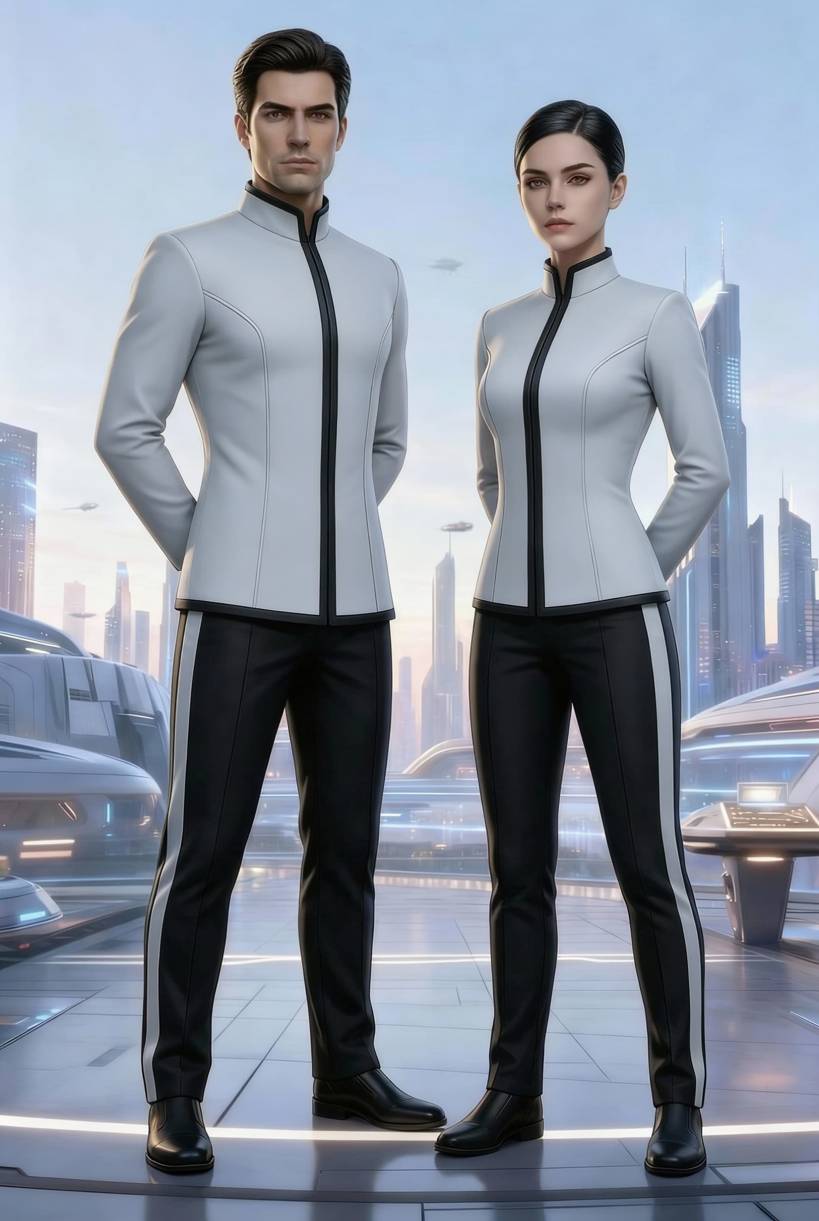 AI generated: Create a Sci-Fi uniform. Use the reference image and turn all red to Grey. The color of the uniform ...