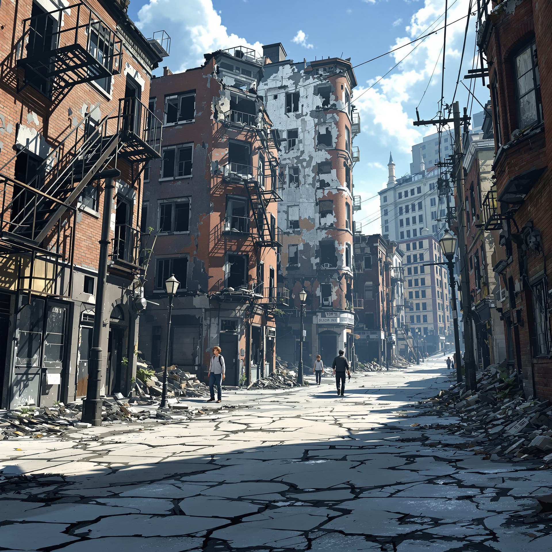 AI generated: front view of A destroyed abandoned urban anime ghetto street block neighborhood really run down aba...