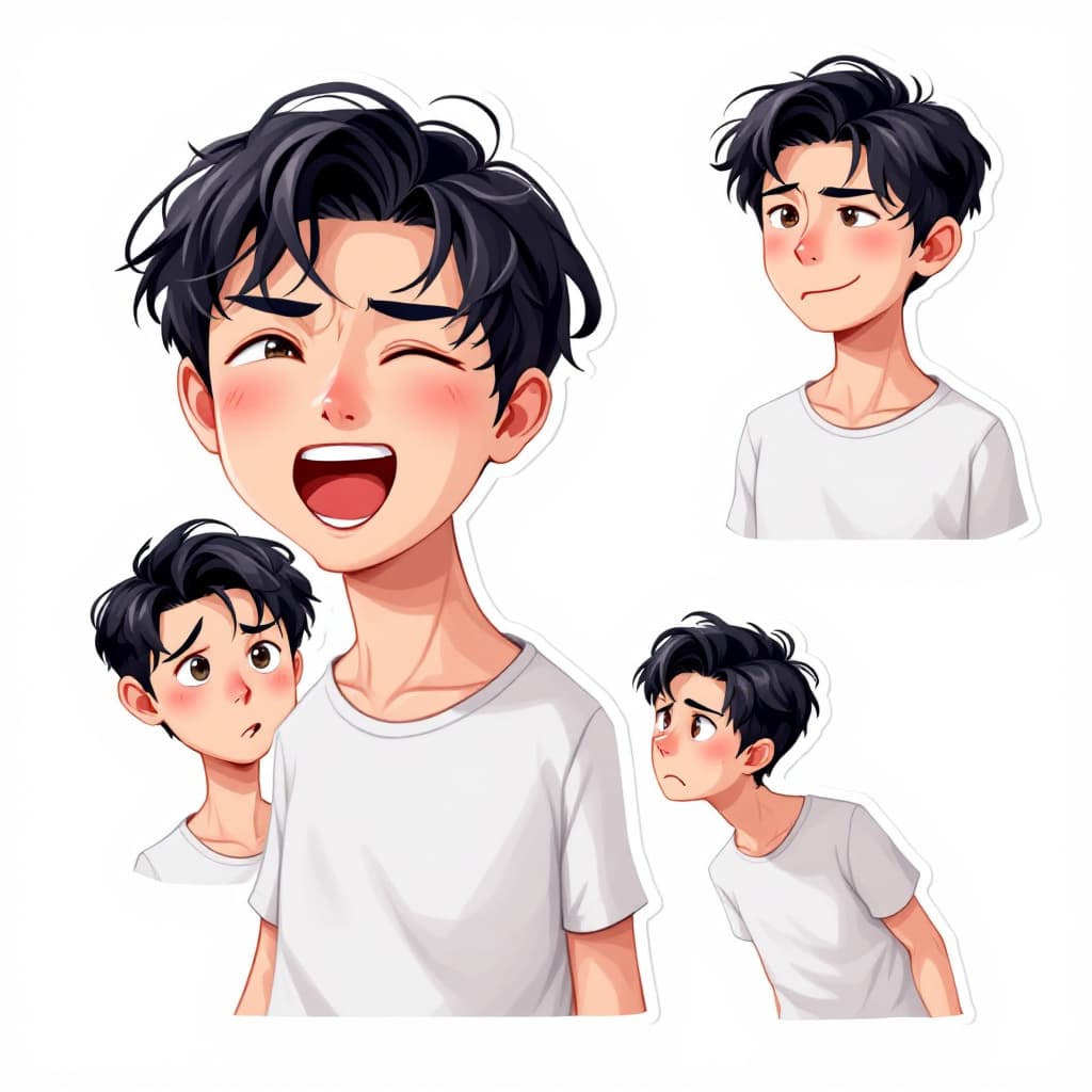 AI generated: A young Asian man with short, wavy dark hair, wearing a simple white T-shirt. The image is designed ...