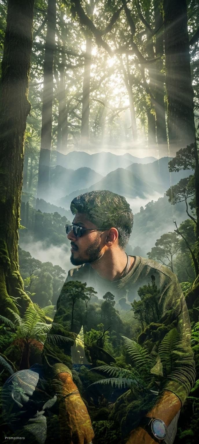 AI generated:  Double exposure photography. Keep the subject's face exactly as in the original photo, no changes t...