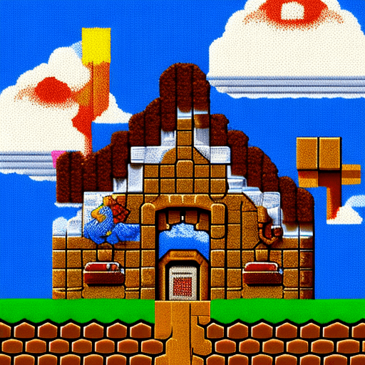 AI generated: pixelated art 8-bit style of a sky and clouds over a brick floor like the initial screen of Mario Br...
