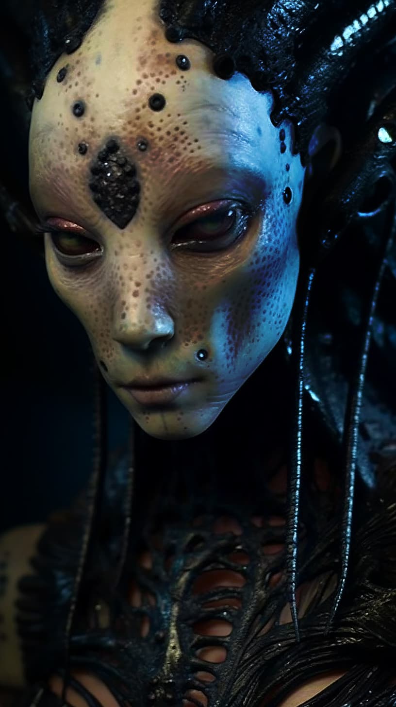 AI generated: Photo of a female alien with multiple eyes and back tentacles, black and red spots in skin, super de...