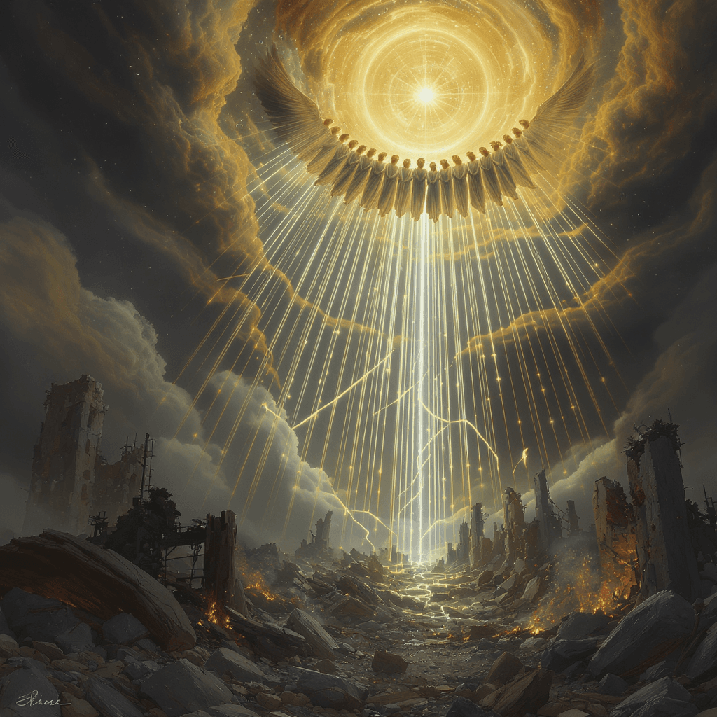 AI generated: A choir of angels singing over a ruined city, their voices forming golden threads of light weaving t...