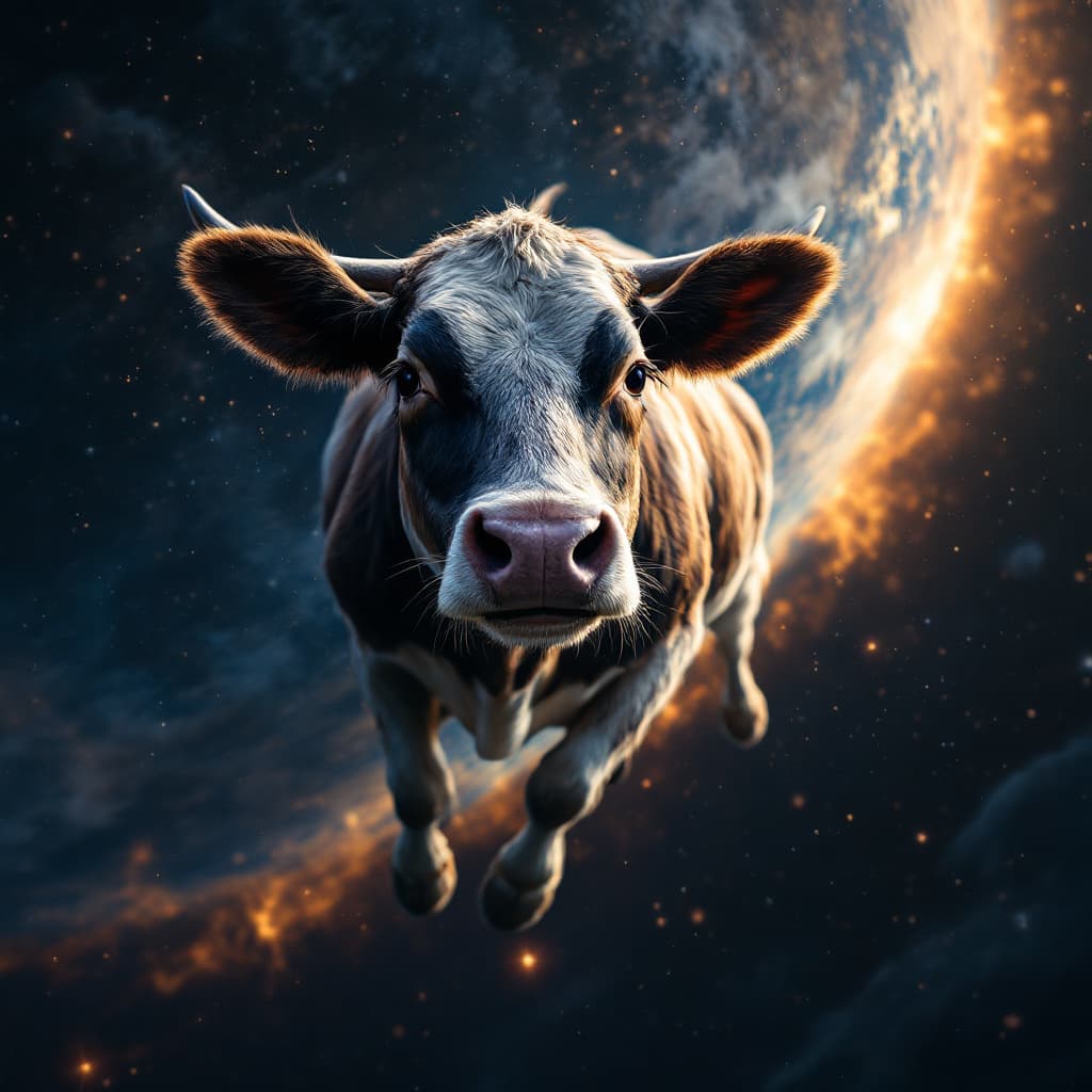 AI generated: A cow flying on space & earth is showing in background 