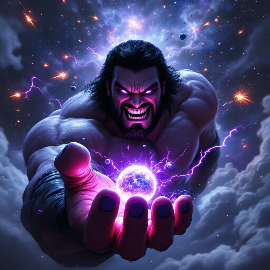 AI generated: Enormous muscular giant man who resembles a WWE superstar, with black medium-length hair and straigh...