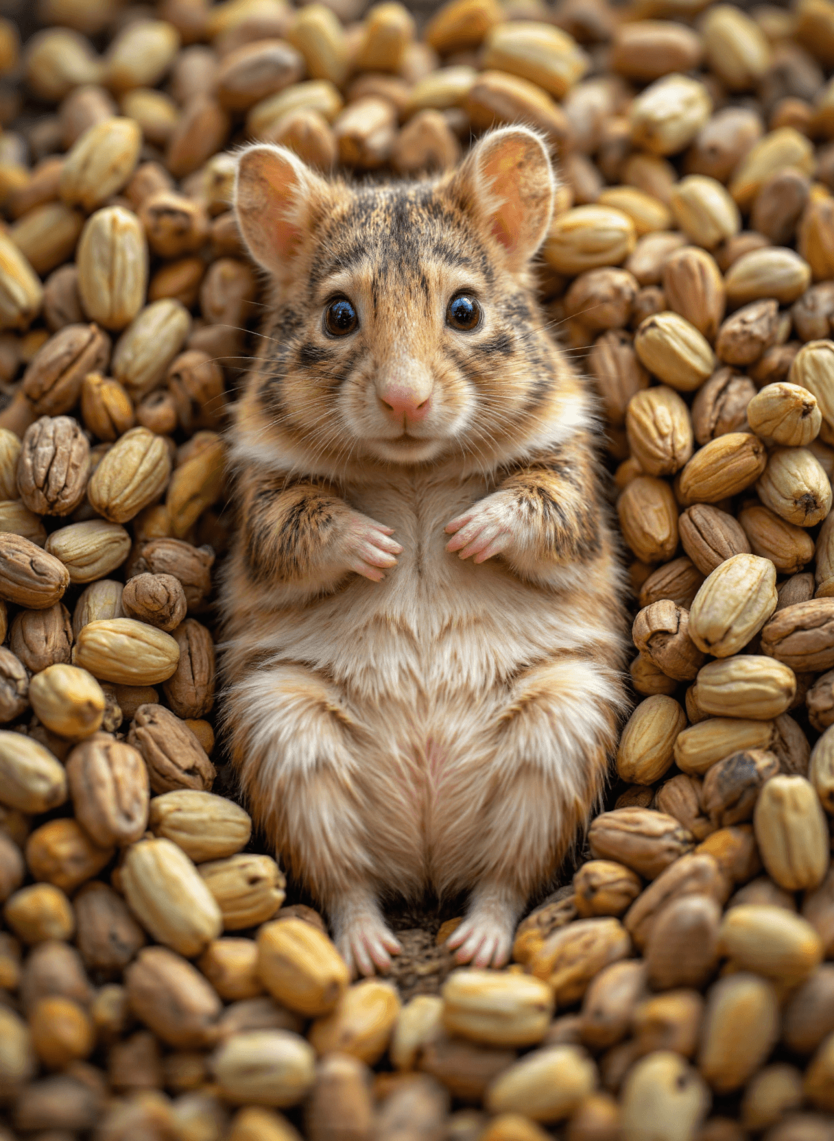 AI generated: The image depicts a small hamster lying on its back amidst a bed of pistachio nuts. The hamster has ...