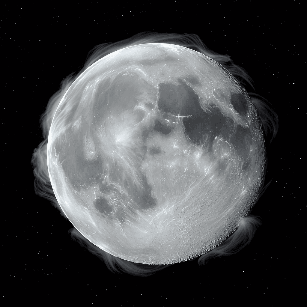 AI generated: a grey, White and black moon that has storms swirling and covering its entire surface with that like...