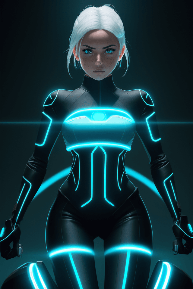 AI generated: action pose, A female android, ((Isabela Moner Merced)), in sleek and shiny armor, with illuminating...