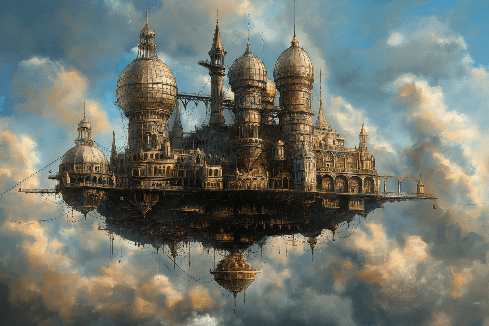 AI generated: An enormous floating city in the sky, steampunk style with lots of towers and domes, oil painting, f...