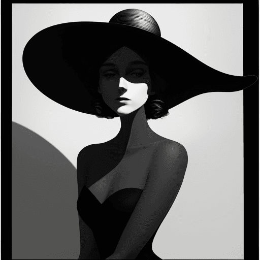 AI generated: a woman in a black dress is wearing a big hat to the right, in the style of clever use of negative s...