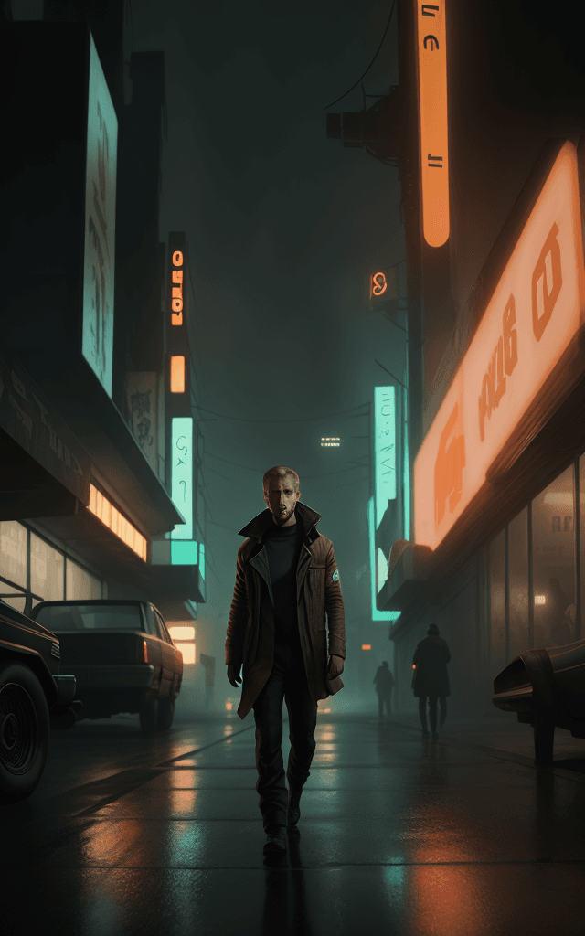 AI generated: Photo of a Blade Runner 2049 , ryan gosling , street , retro , realistic