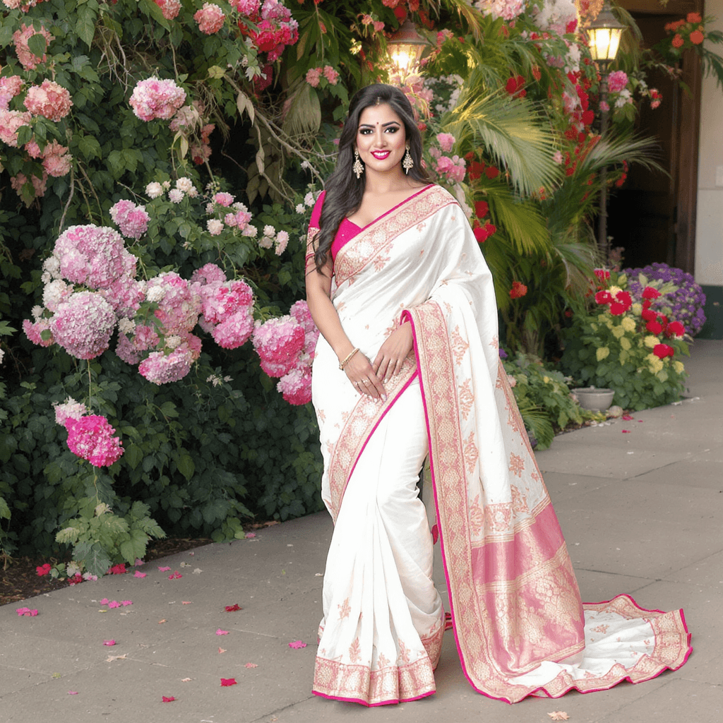 AI generated: irena drezi in white saree, full view 