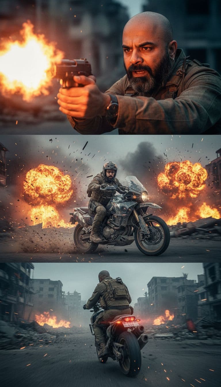 AI generated: ""Start with a close-up on the man's determined face as he fires the gun, muzzle flash illuminating ...