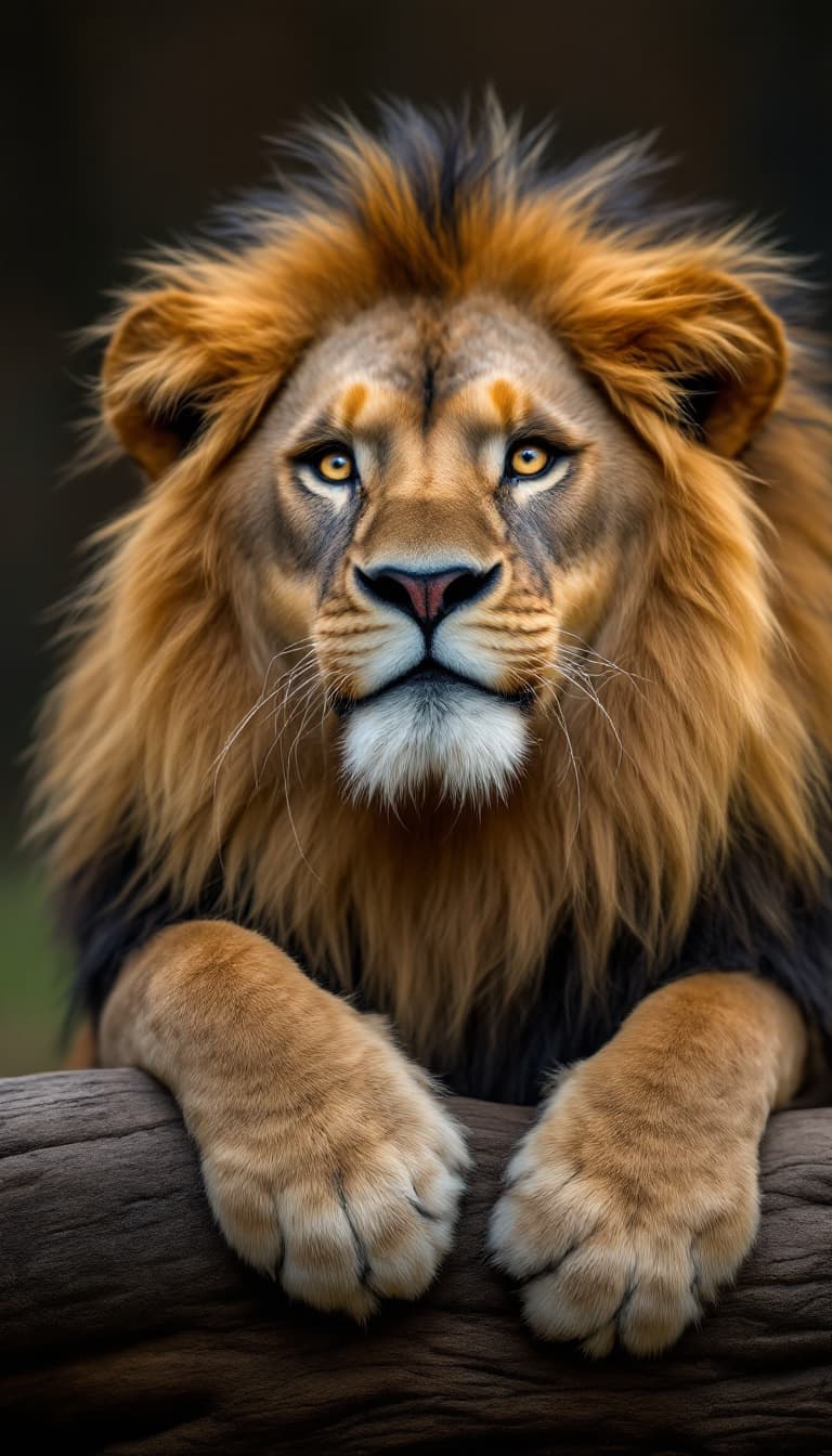 AI generated: A relaxed lion photographed by Lee Jeffries, expressive eyes, adorable lion, proportionate full body...