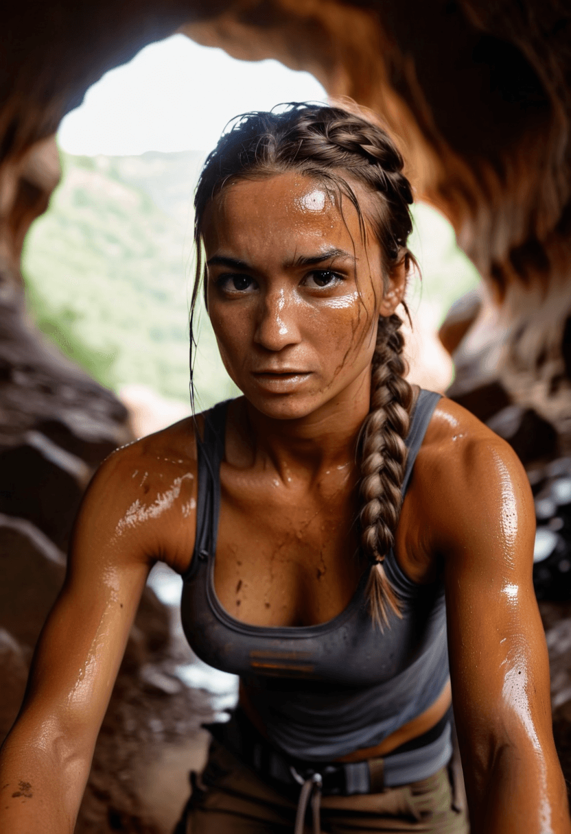 AI generated: selfie silhouette photograph of (fit:0.7) woman with braided bronze hair, spelunking in a tight cave...
