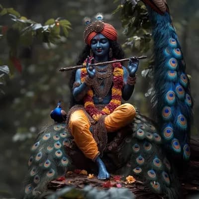 AI generated video: Beautiful adult blue skin lord Krishna playing flute with his eyes closed, sitting on a large tree b...