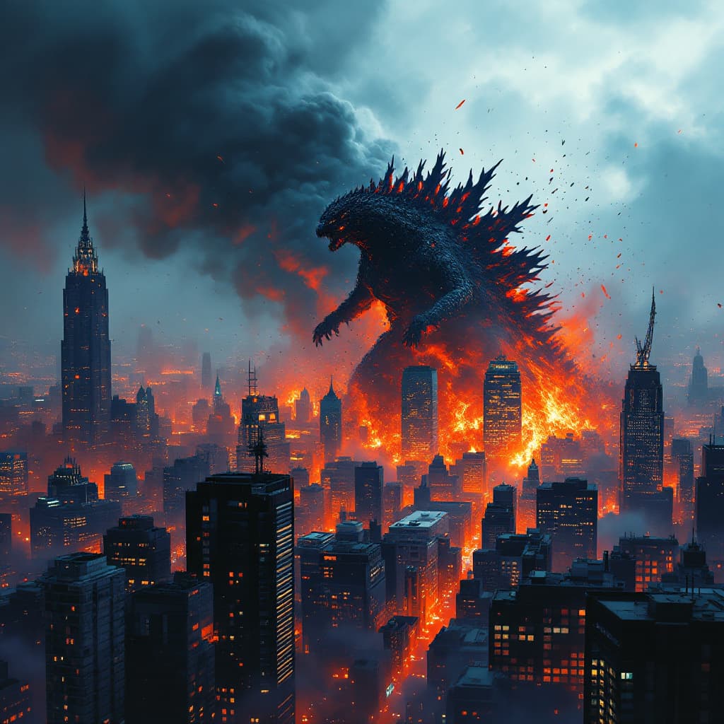AI generated: negative space of godzilla destroying a city