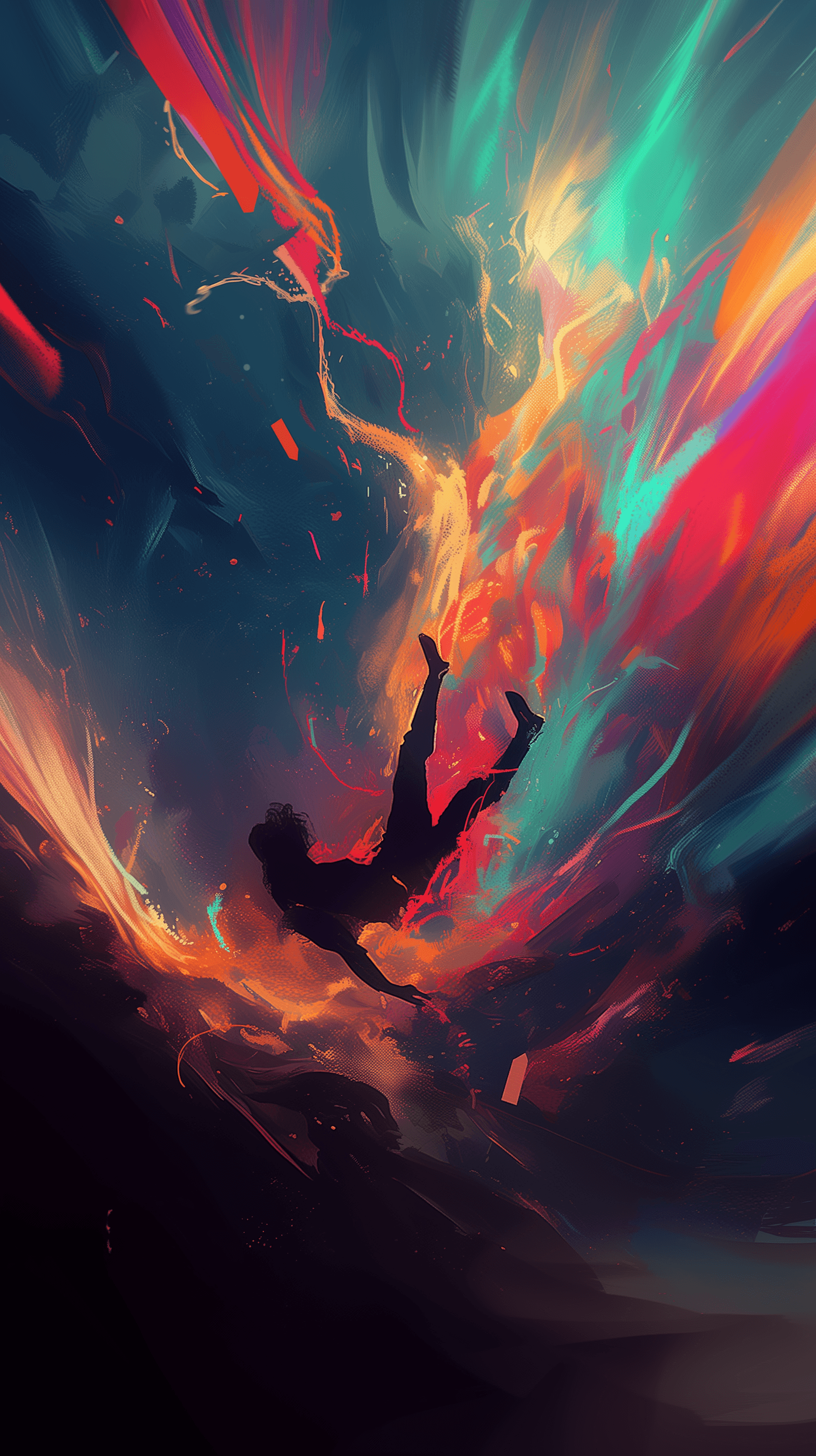 AI generated: abstract digital art piece showing a lone figure falling into an explosion of vibrant colors, with s...