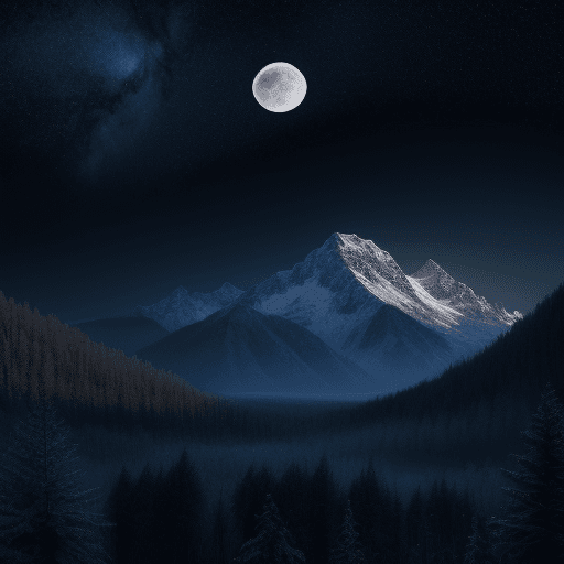 AI generated: Photo realistic 4k photo of a mountain and forest scenery. The time of day is night. The sky is dark...