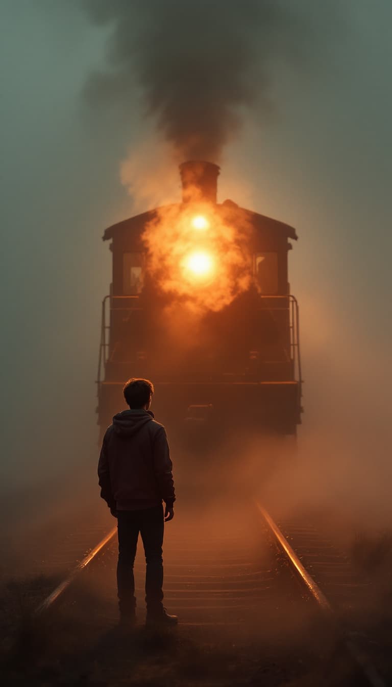 AI generated: The train slowly emerges from the fog. Its headlights are like sleepy eyes.

Action: The young man l...