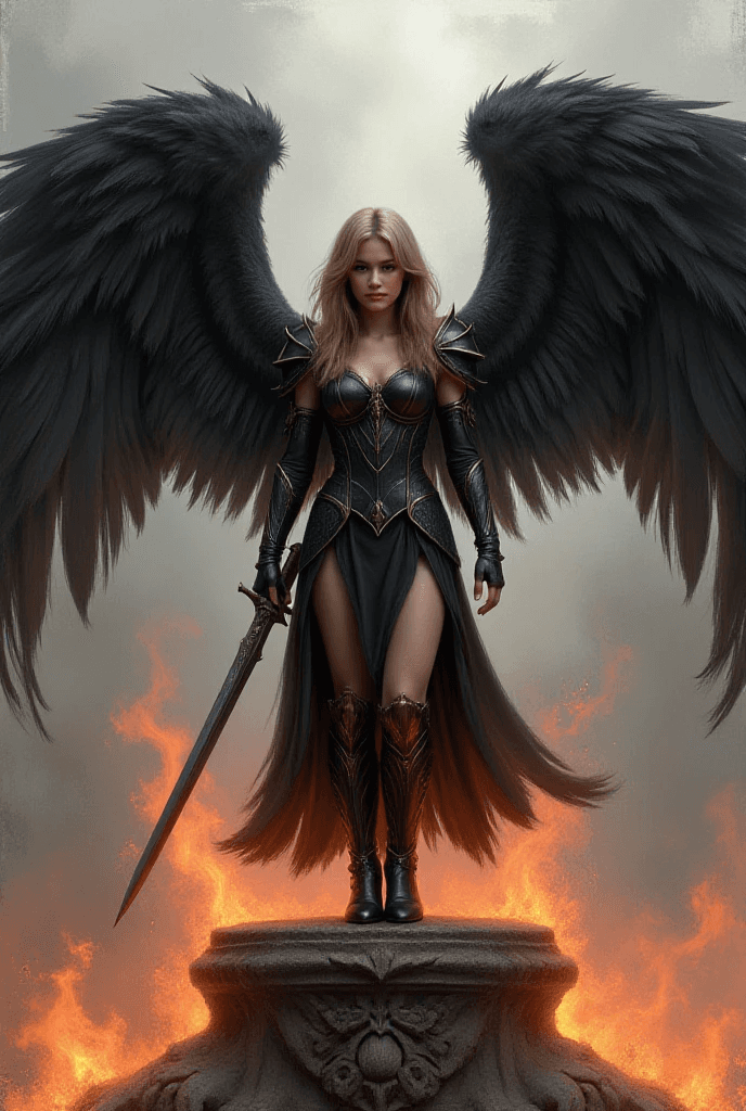 AI generated: A hyperrealistic depiction of a fierce, dark-winged female figure, reminiscent of a dark angel or de...