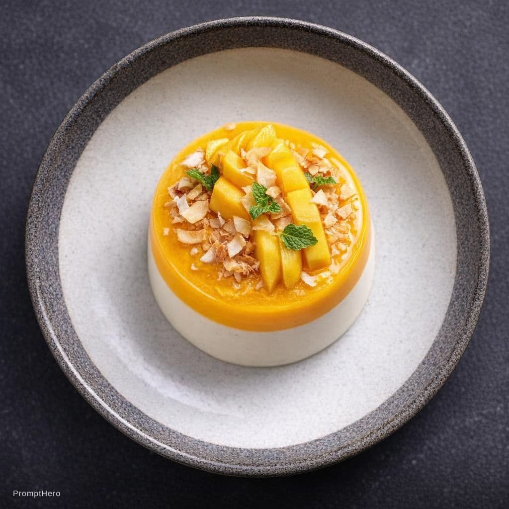 AI generated: top-view capture of an exquisite mango and coconut panna cotta on a modern ceramic plate, garnished ...