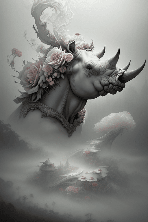 AI generated: Masterpiece, rhinoceros, adrian ghenie, takato yamamoto, dream, ornate, whimsical fantasy elegant ro...