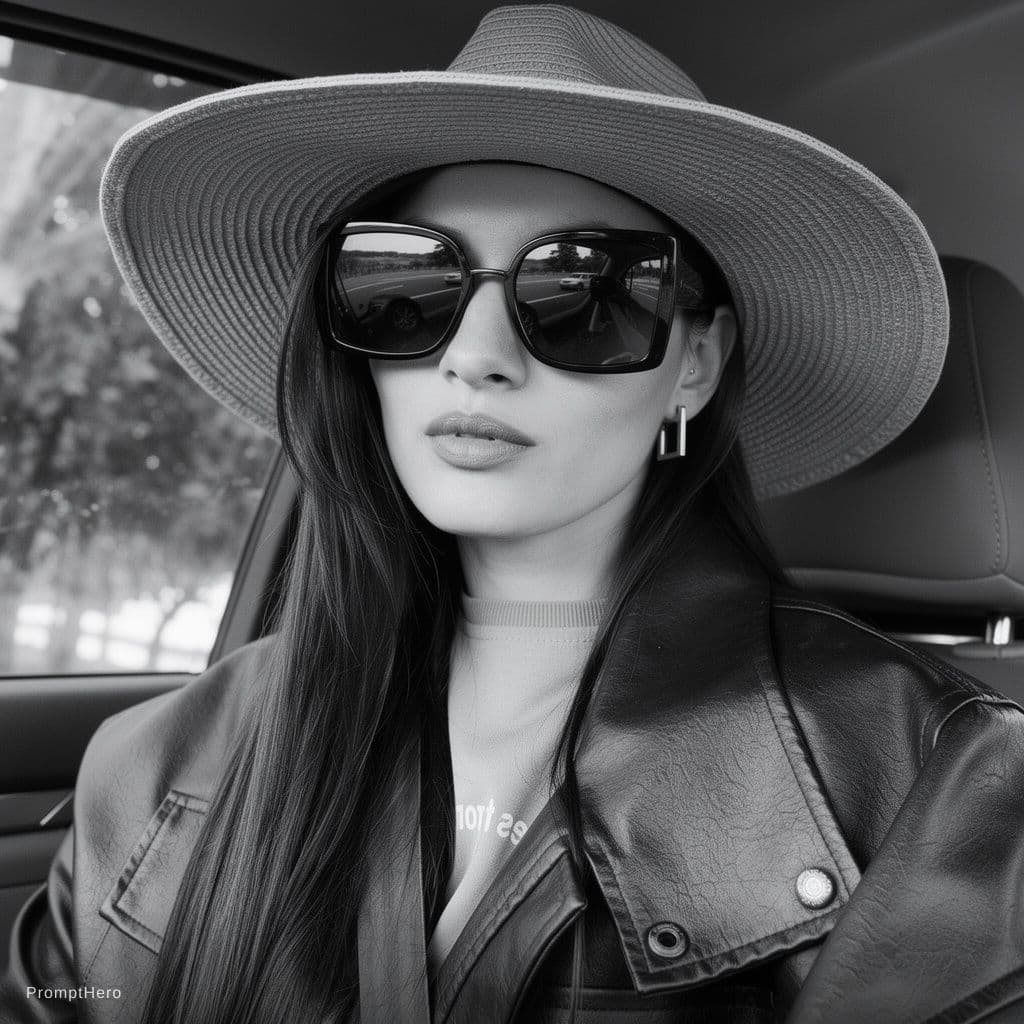 AI generated: woman in sunglasses and a hat. black and white image, in the style of vray tracing, precision in det...