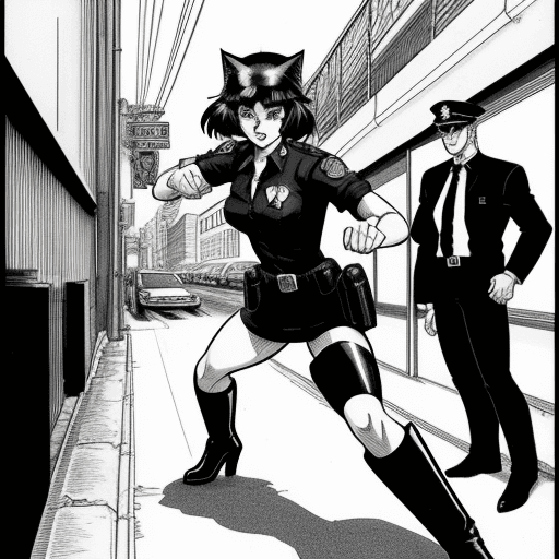AI generated: Catgirl UK police officer chasing a bad guy in 80s manga style.