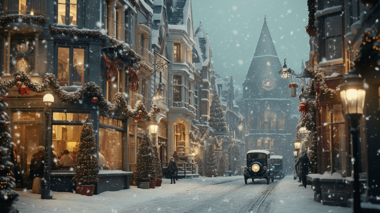 AI generated: a street lined with christmas trees along with snow, in the style of old-world charm, dreamy and rom...