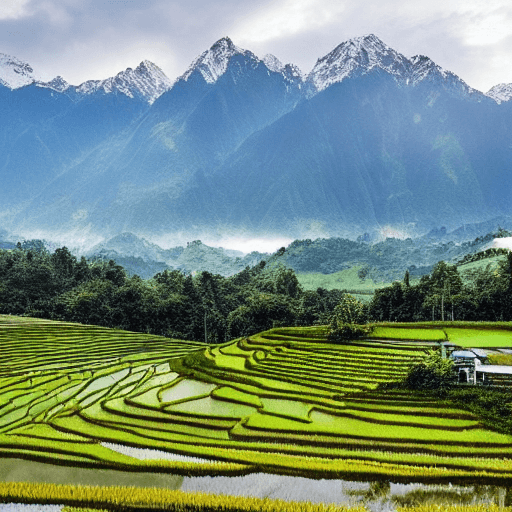 AI generated: Enter the serene world of "Harmony of Peaks and Fields," where majestic mountains embrace lush rice ...