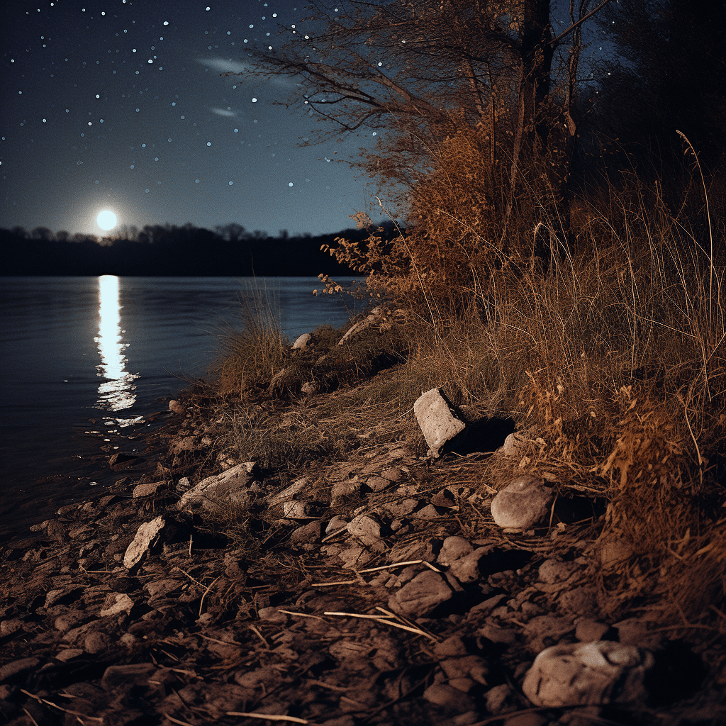 AI generated: Midnight sneak on hill rock river bank, full moon, Mysterious, pinpoint stars, Award - winning, port...