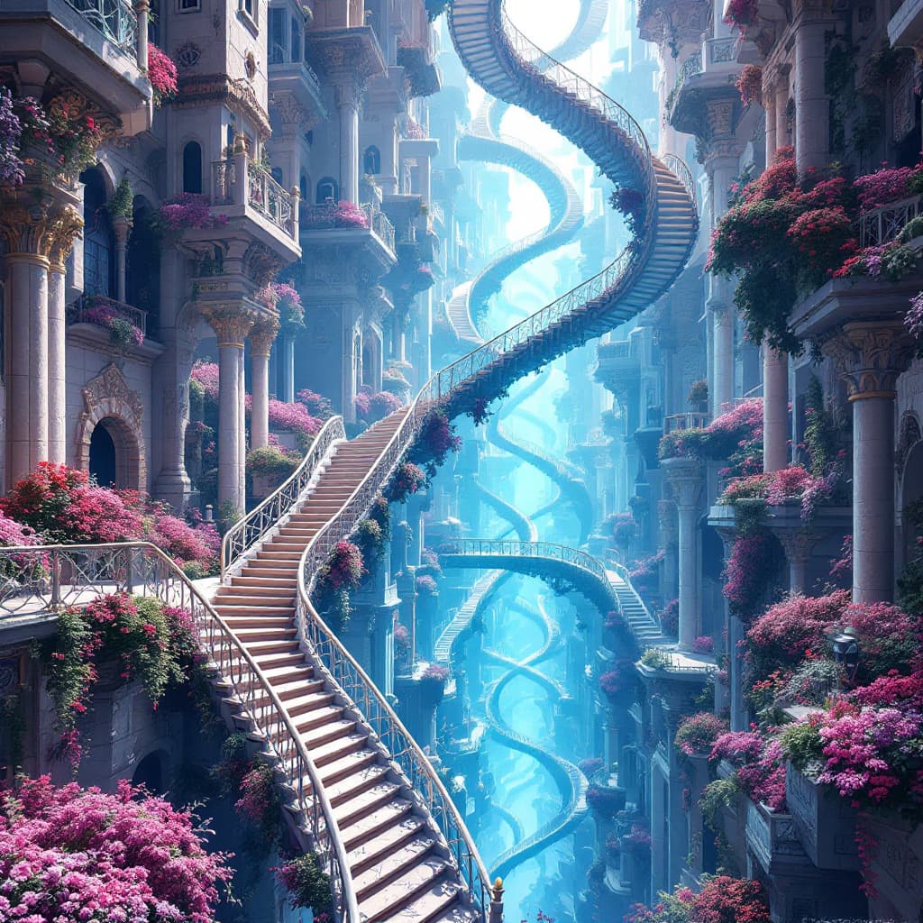 AI generated: This is an impossible architecture scene featuring surreal, gravity-defying structures, endless stai...