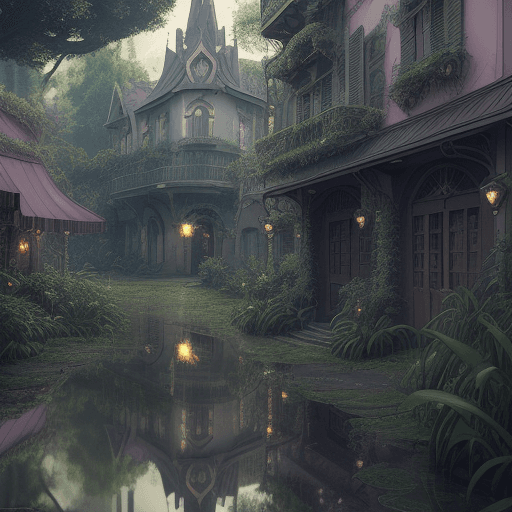 AI generated: perspective, curious old secret town of vampire hunter d, cascading cafe shops and potion shops, art...