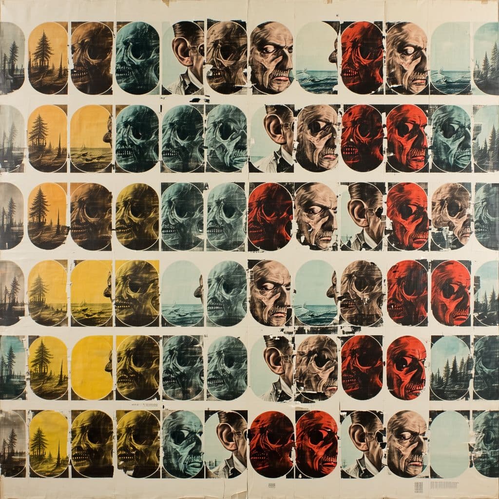 AI generated: ((multiple photos beautiful monster , old men repeated on a page, cut off)), double exposure, close ...