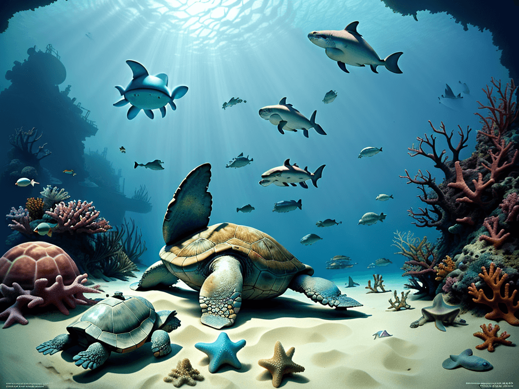 AI generated: Hyper realistic dream diving photo of an old wreck on the sand, happy baby turtle, fishes, sharks, s...