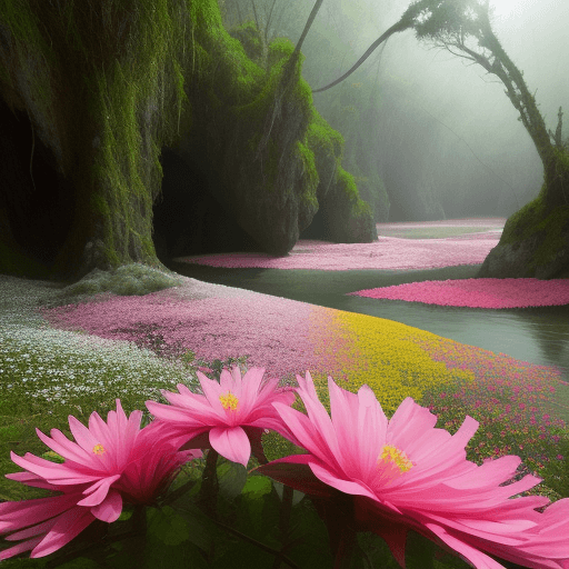 AI generated: flores encantadas en el pais de las maravillas,en un entorno selvatico,con niebla,y rayos de sol