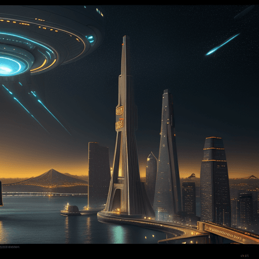 AI generated: futuristic city, star trek, federation, earth, san francisco, golden gate bridge, headquarter, lands...