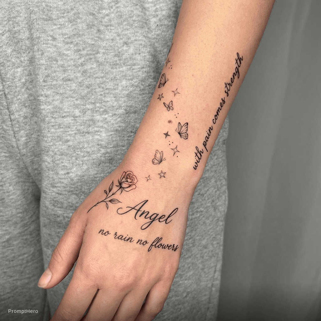 AI generated: A delicate hand and forearm tattoo design, featuring the word "Angel" on the back of the hand below ...