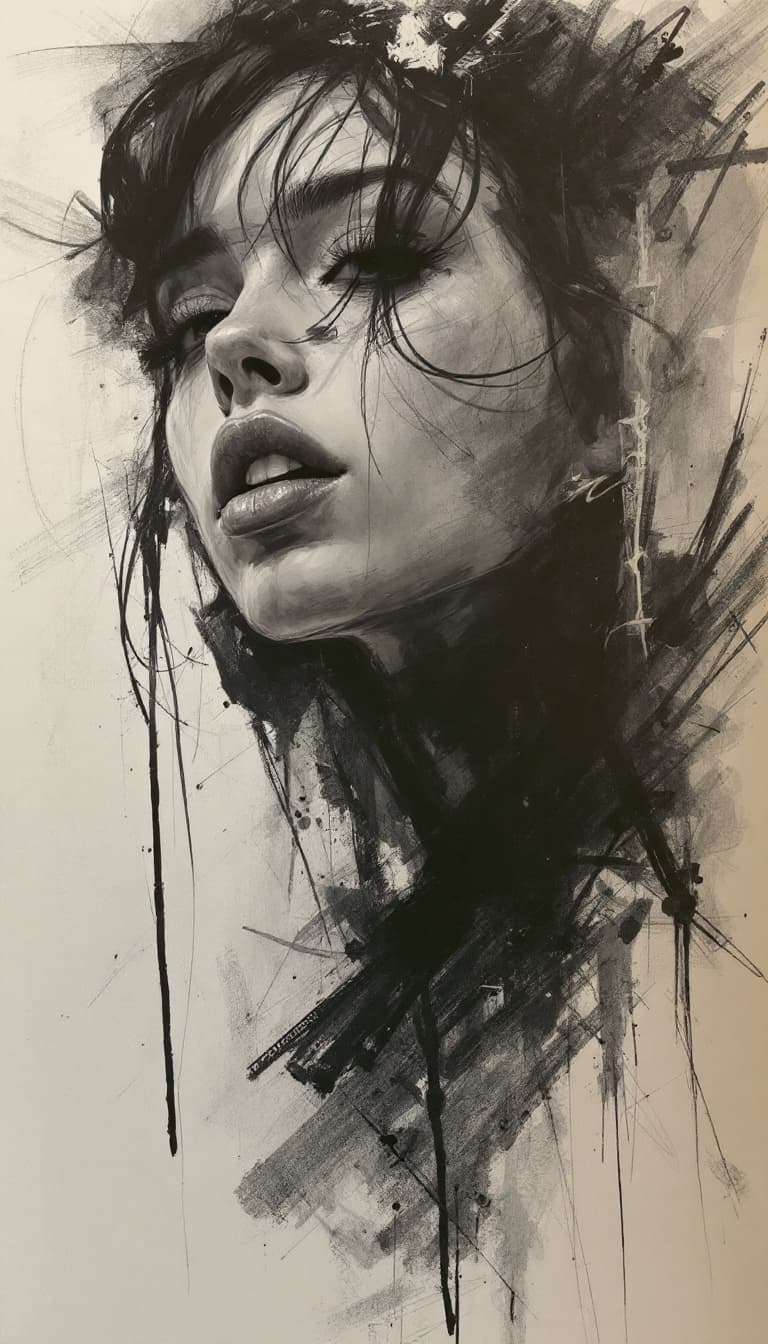 AI generated: girl, charcoal sketch, expressive mood