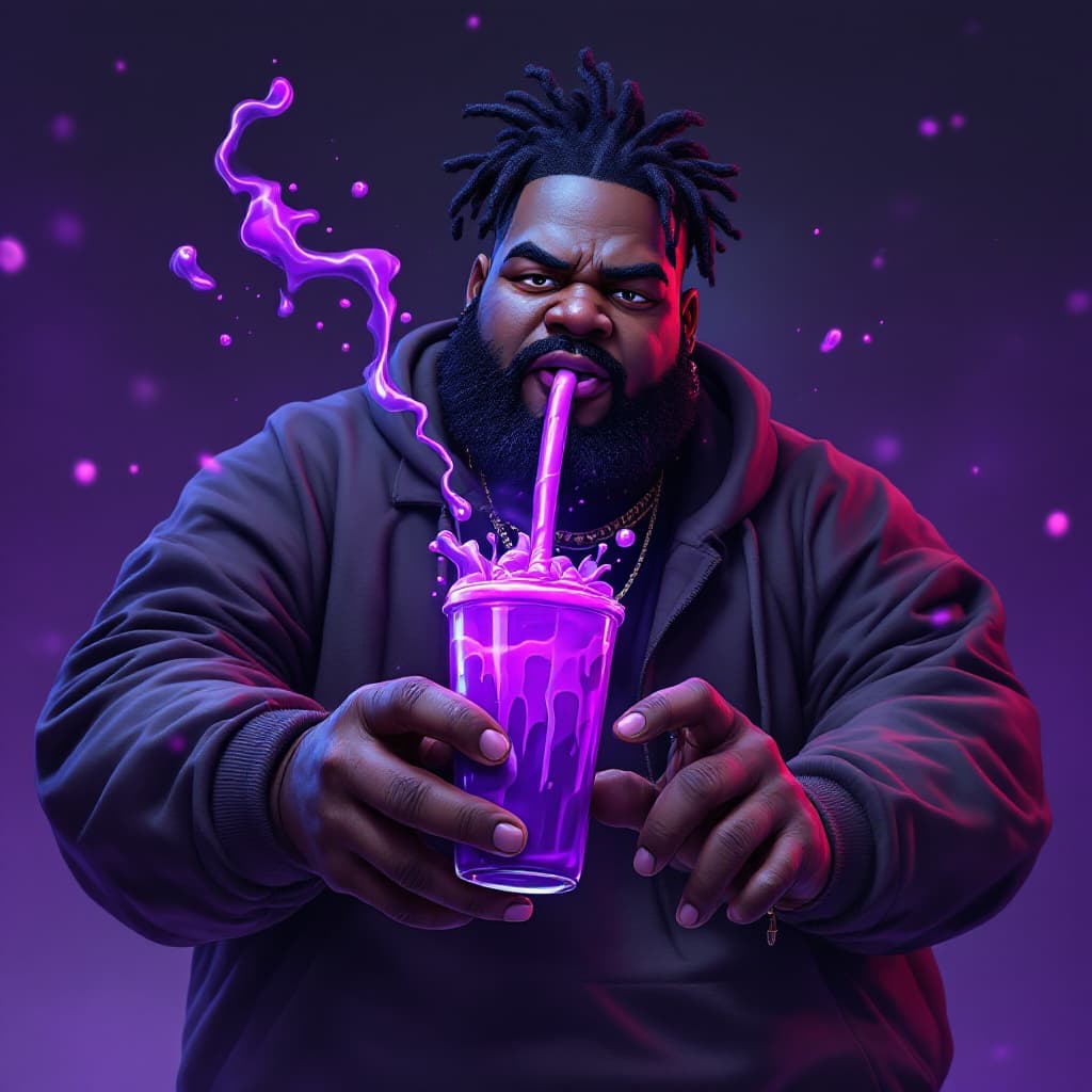 AI generated: dave blunts, a big very very fat black rapper as fortnite character holding purple slurp juice 