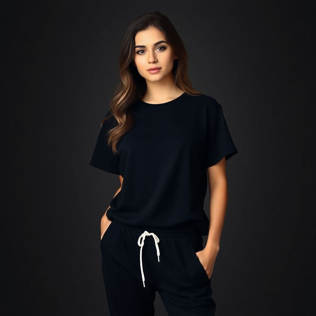 AI generated: a beautiful 20 years old girl in a black wide T-shirt and black sweatpants