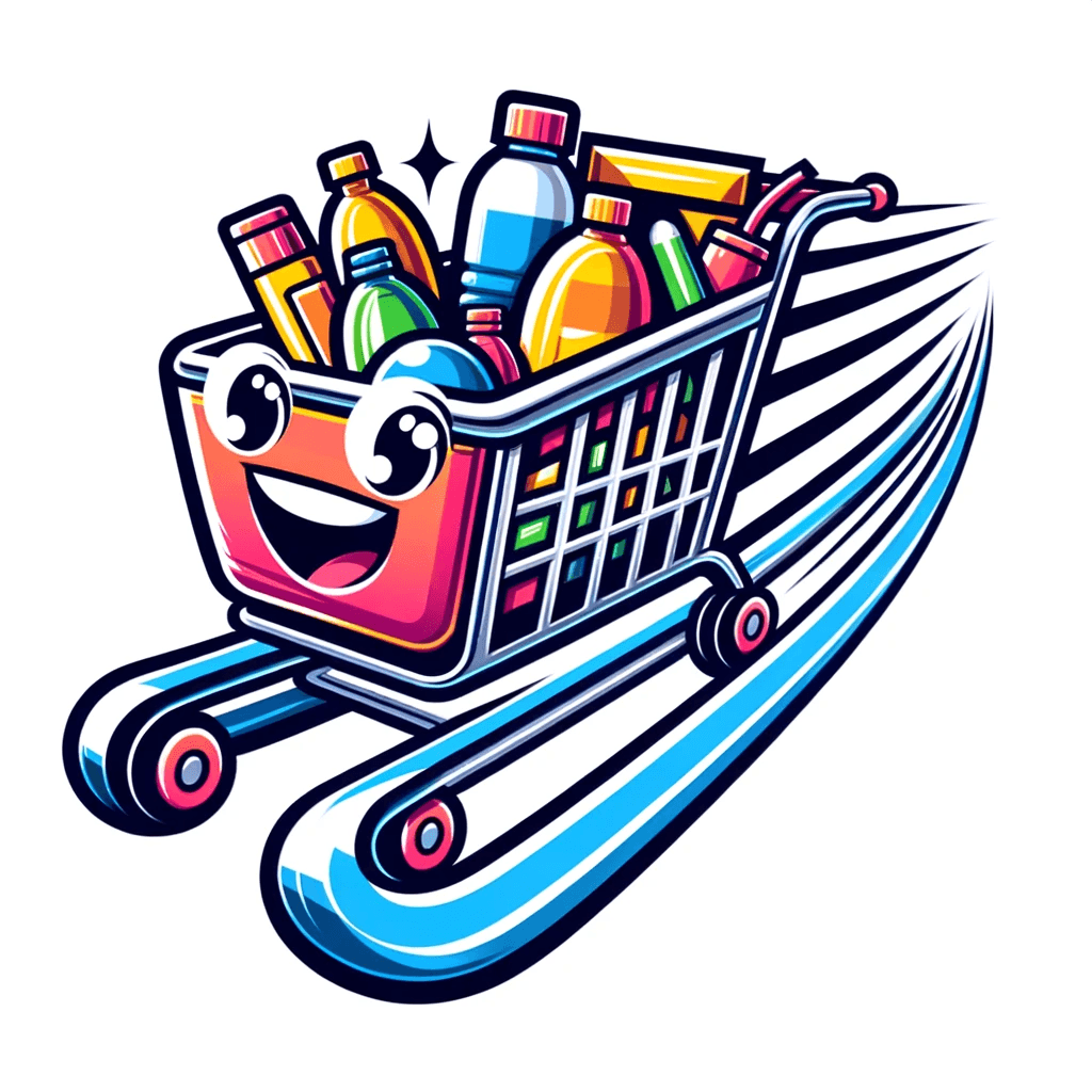 AI generated: A logo featuring a lively and animated shopping cart, designed to be a mascot with emotions, zooming...