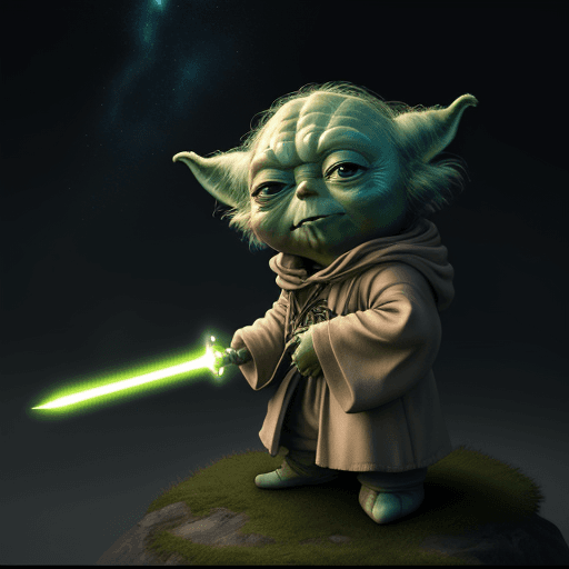 AI generated:  YODA in cosmos, 8k, light sword, happy YODA, friends YODA, anime