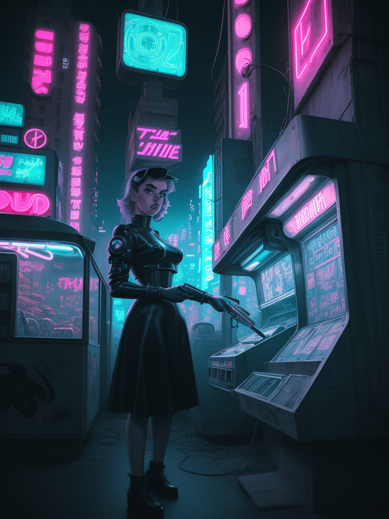 AI generated: girl of the future using a food vendor machine, retro 1950s design, electronic artwork, manga charac...