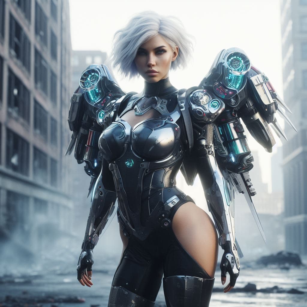 AI generated: Digital art, photography, photorealism, full-length shot, dynamic angle, stunning badass futuristic ...