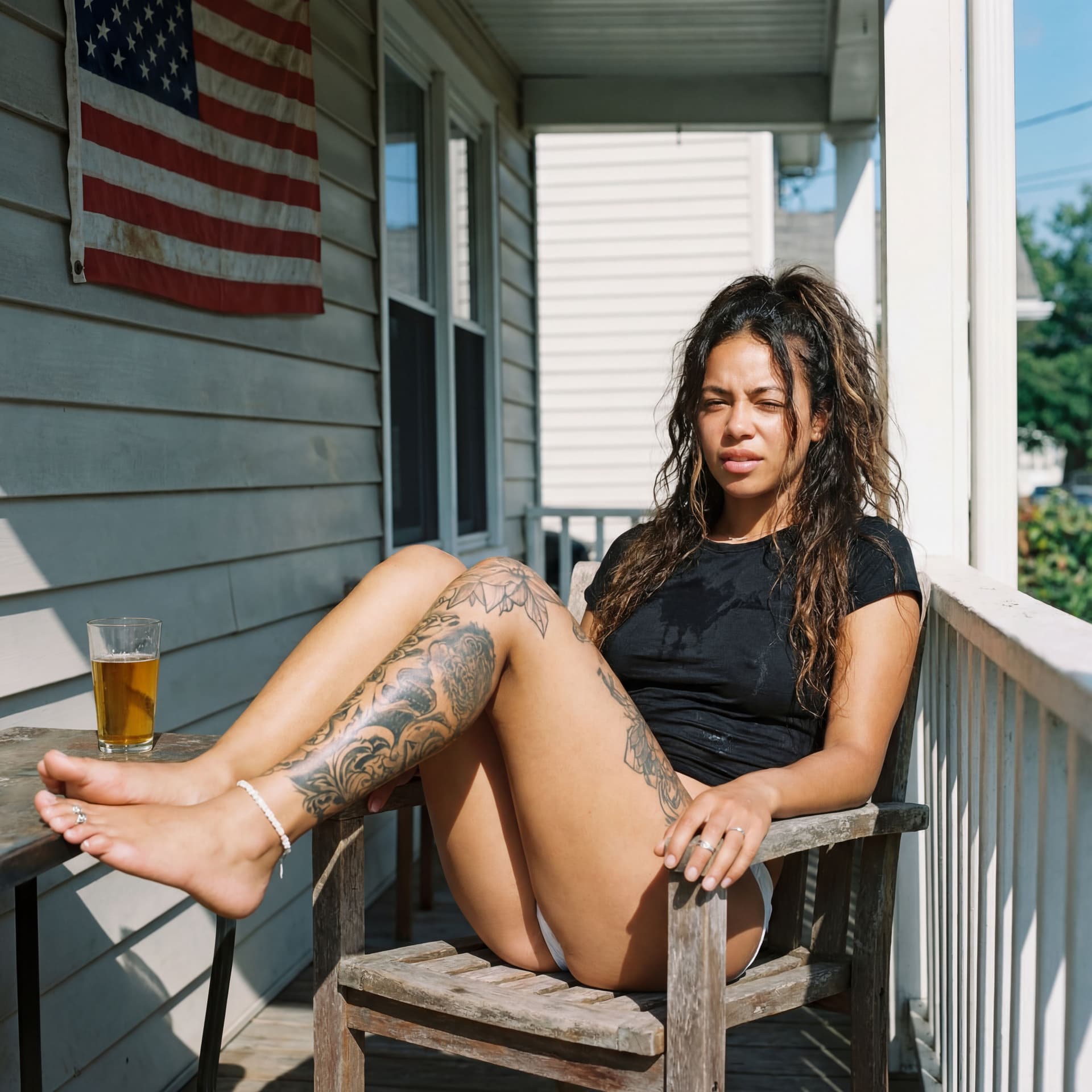 AI generated: Gorgeous young woman, mixed race Caucasian, full body shot, cute bare feet, white pedicure, white an...