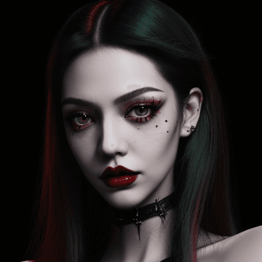 AI generated: goth fashion, night club, red lips, cruel, long green hair, expensive clothes, cross-laced footwear,...